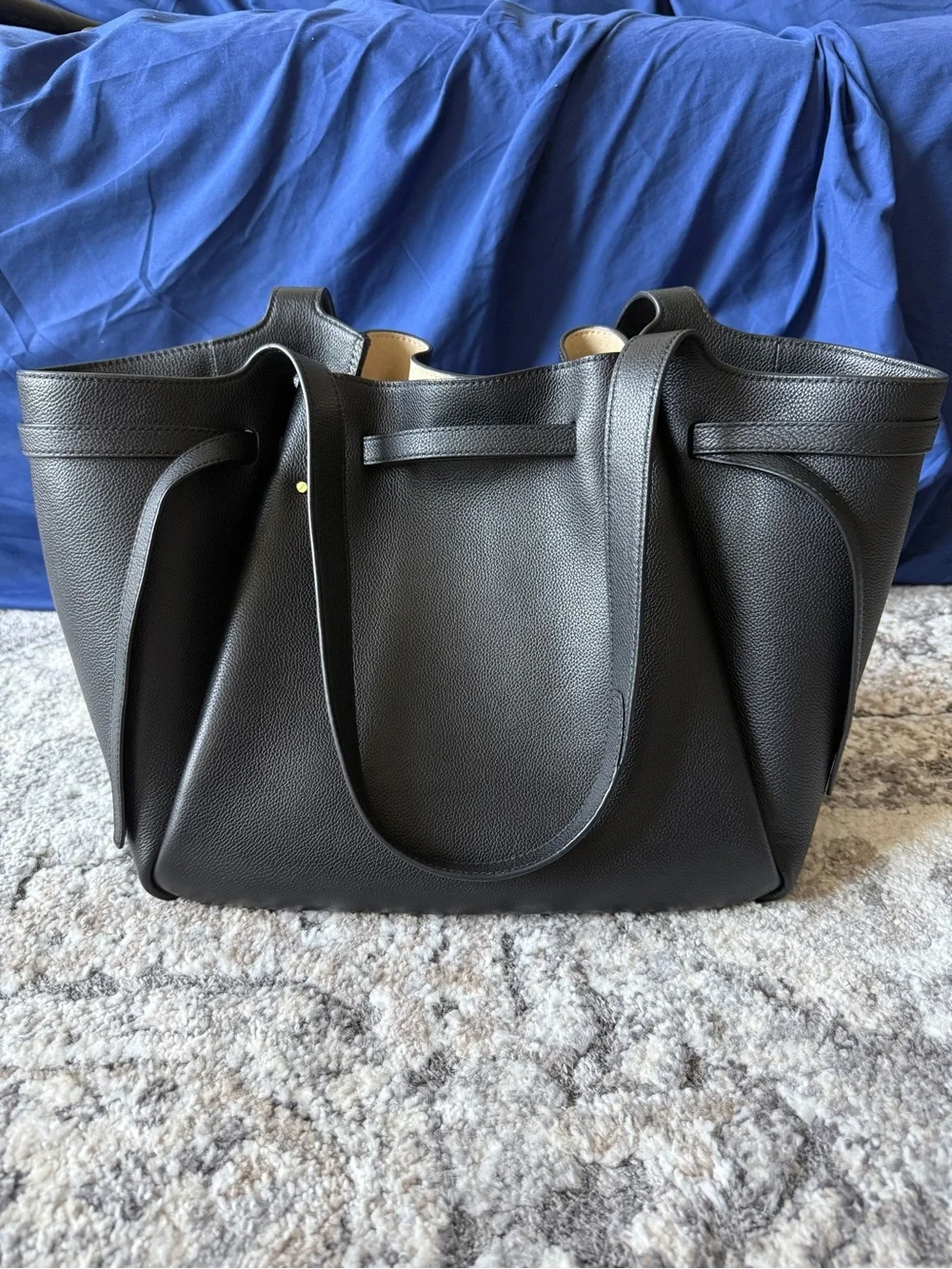 Tory Burch Romy Tote Black Leather Tote with Gold Logo Accent